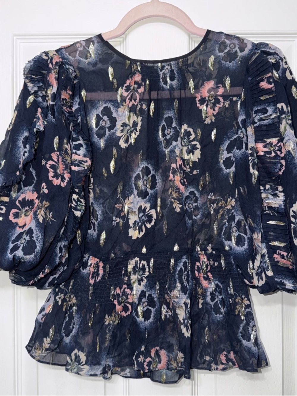 Rebecca Taylor Navy Floral Sheer Blouse with Gold Accents
